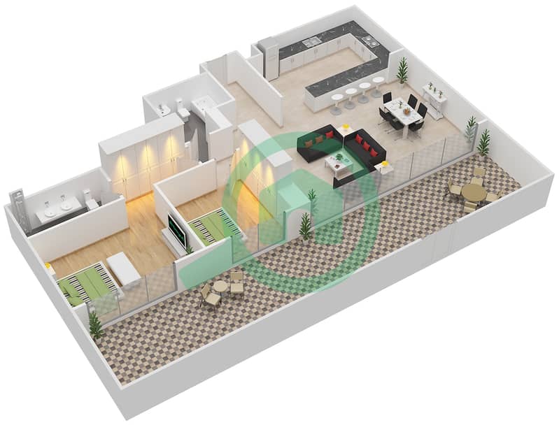 المخططات الطابقية لتصميم النموذج H شقة 2 غرفة نوم - الهديل interactive3D