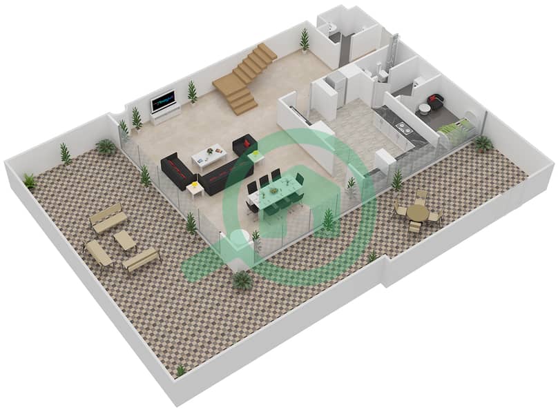 المخططات الطابقية لتصميم الوحدة TH1,TH2-E تاون هاوس 3 غرف نوم - الهديل Ground Floor interactive3D