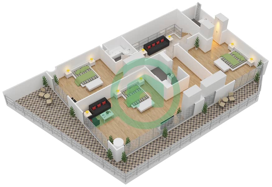 المخططات الطابقية لتصميم الوحدة TH1,TH2-E تاون هاوس 3 غرف نوم - الهديل First Floor interactive3D