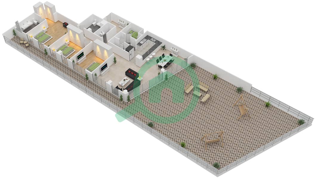المخططات الطابقية لتصميم النموذج F شقة 3 غرف نوم - الهديل interactive3D