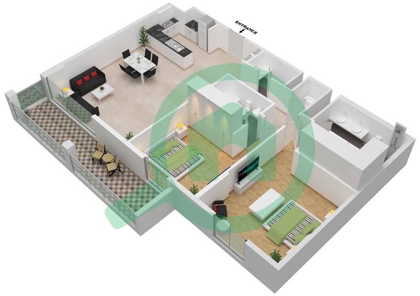المخططات الطابقية لتصميم النموذج 3A شقة 2 غرفة نوم - برج لا ريف 2 Floor 1 interactive3D