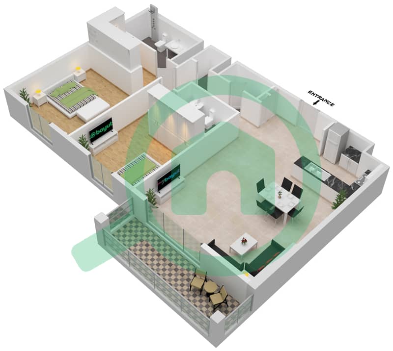 المخططات الطابقية لتصميم النموذج 3B شقة 2 غرفة نوم - برج لا ريف 2 Floor 1-5 interactive3D