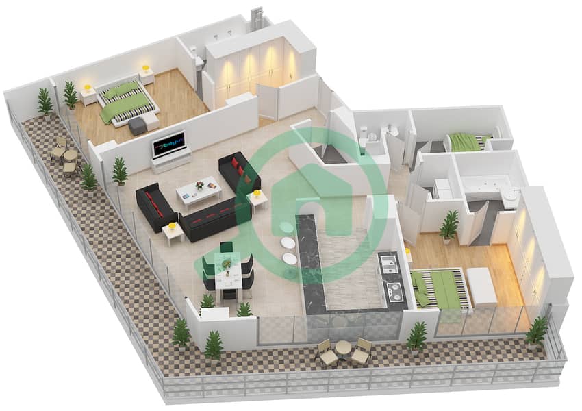 المخططات الطابقية لتصميم النموذج C شقة 2 غرفة نوم - الهديل interactive3D