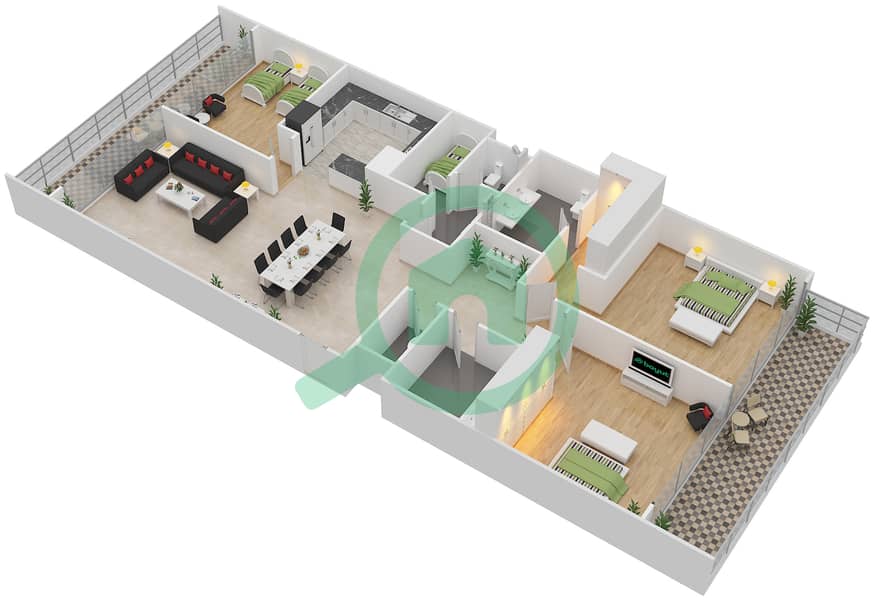 Al Hadeel - 3 Bedroom Apartment Type A Floor plan interactive3D