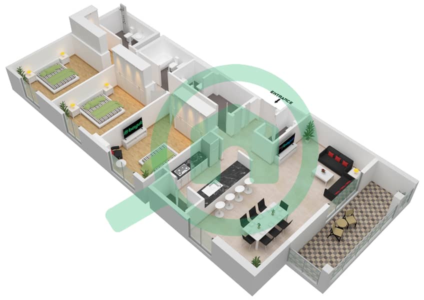 海岸2号大厦 - 3 卧室公寓类型3戶型图 Floor 2,3 interactive3D