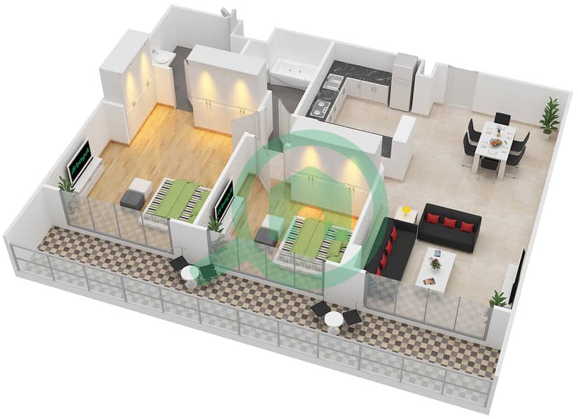 المخططات الطابقية لتصميم النموذج T-4 شقة 2 غرفة نوم - الهديل interactive3D