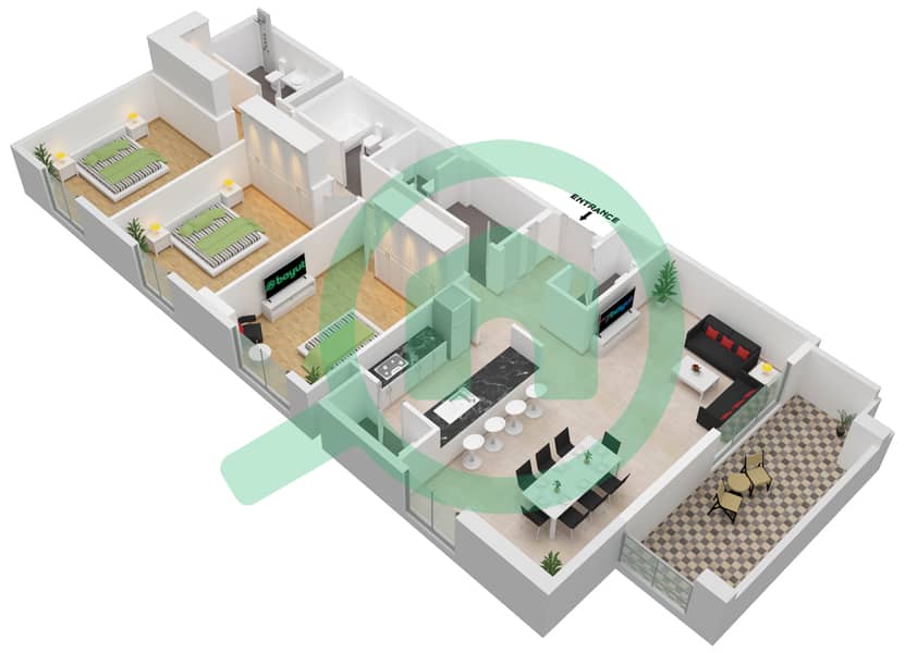 المخططات الطابقية لتصميم النموذج 3A شقة 3 غرف نوم - برج لا ريف 2 Floor 1 interactive3D