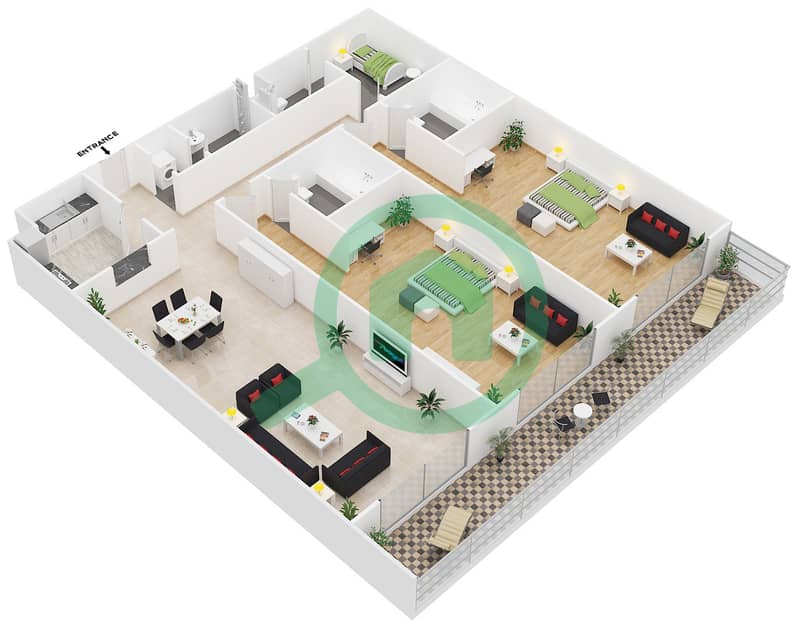 栀子花公寓1号 - 2 卧室公寓类型2戶型图 interactive3D