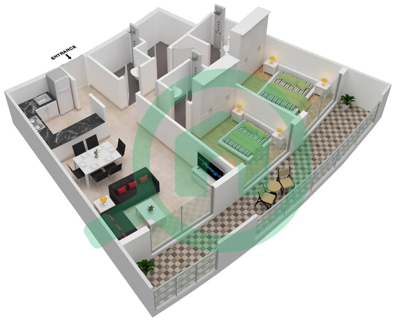 栀子花生活馆 - 2 卧室公寓单位22戶型图 interactive3D