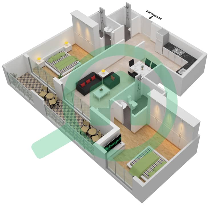 المخططات الطابقية لتصميم الوحدة 12 شقة 2 غرفة نوم - غاردينيا ليفينج interactive3D