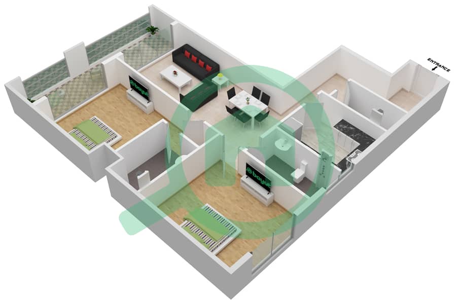 Гардения Ливингс - Апартамент 2 Cпальни планировка Единица измерения 03 interactive3D