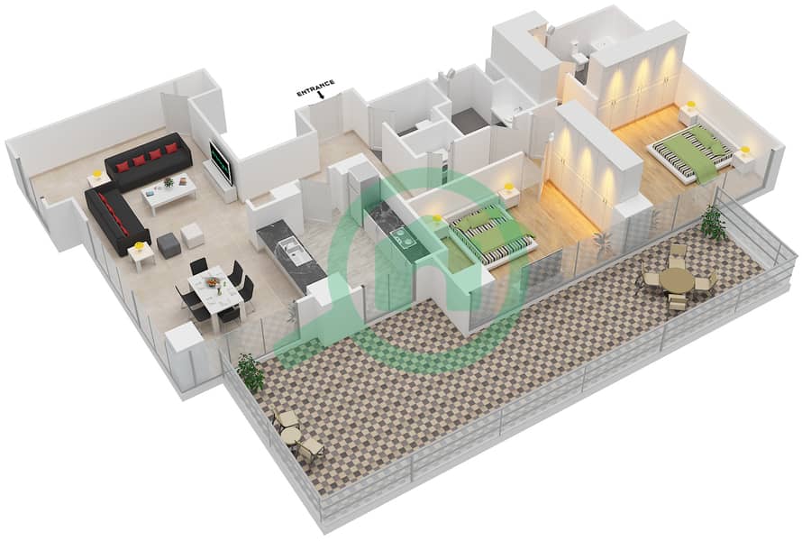 المخططات الطابقية لتصميم الوحدة 1 FLOOR 3 شقة 2 غرفة نوم - مساكن خور دبي 3 جنوب Floor 3 interactive3D