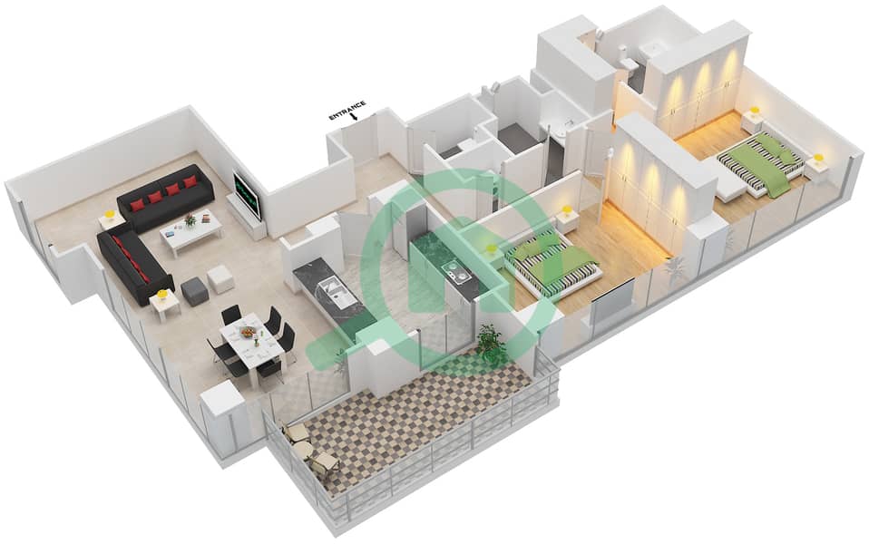المخططات الطابقية لتصميم الوحدة 1 FLOOR 4-15,17-27 شقة 2 غرفة نوم - مساكن خور دبي 3 جنوب Floor 3-15,17-27 interactive3D