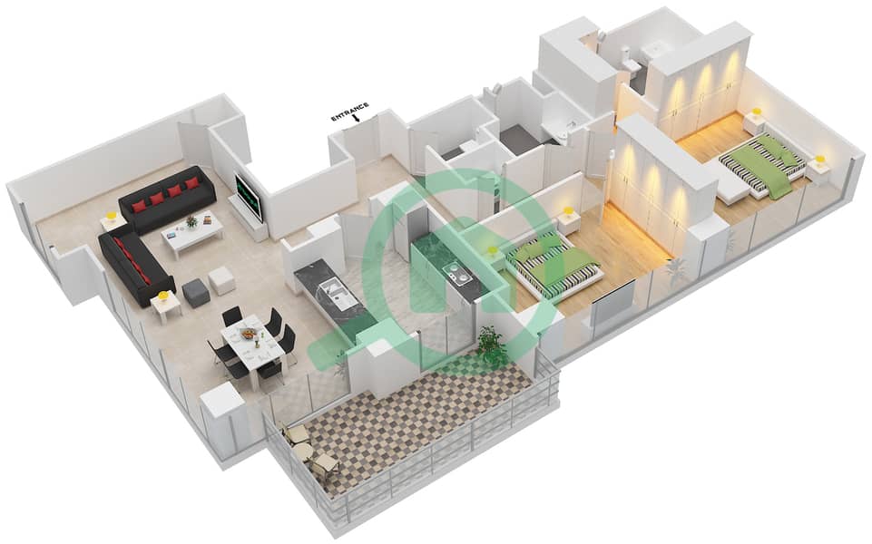 Тауэр 3 Дубай Крик Резиденс Юг - Апартамент 2 Cпальни планировка Единица измерения 1 FLOOR 6-26 Floor 6-26 interactive3D
