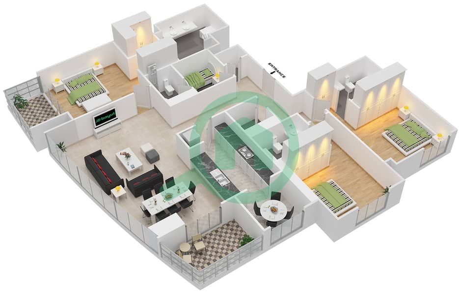 Dubai Creek Residence Tower 3 South - 3 Bedroom Apartment Unit 2 FLOOR 3-15,17-27 Floor plan Floor 3-15,17-27 interactive3D