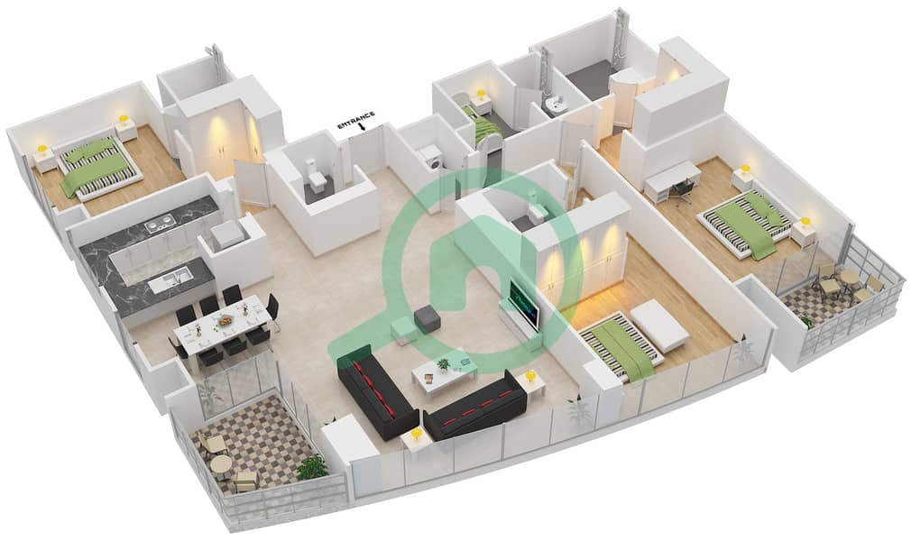 迪拜溪畔公寓3号南大厦 - 3 卧室公寓单位3 FLOOR 3-15,17-27戶型图 Floor 3-15,17-27 interactive3D