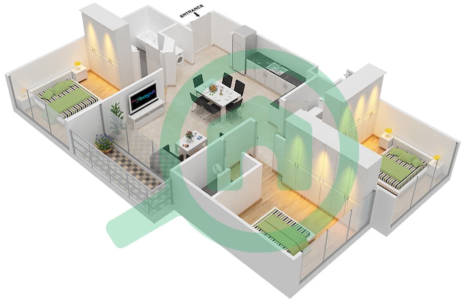 المخططات الطابقية لتصميم النموذج 1B شقة 3 غرف نوم - عزيزي ريفييرا 9 Floor 2-7 interactive3D