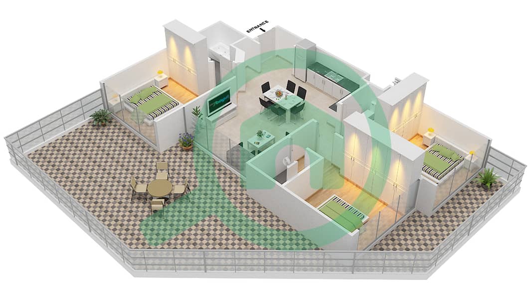 Floor 1 Azizi Riviera 9 - 3 Bedroom Apartment Type/unit 3A Floor plan Floor 1 interactive3D