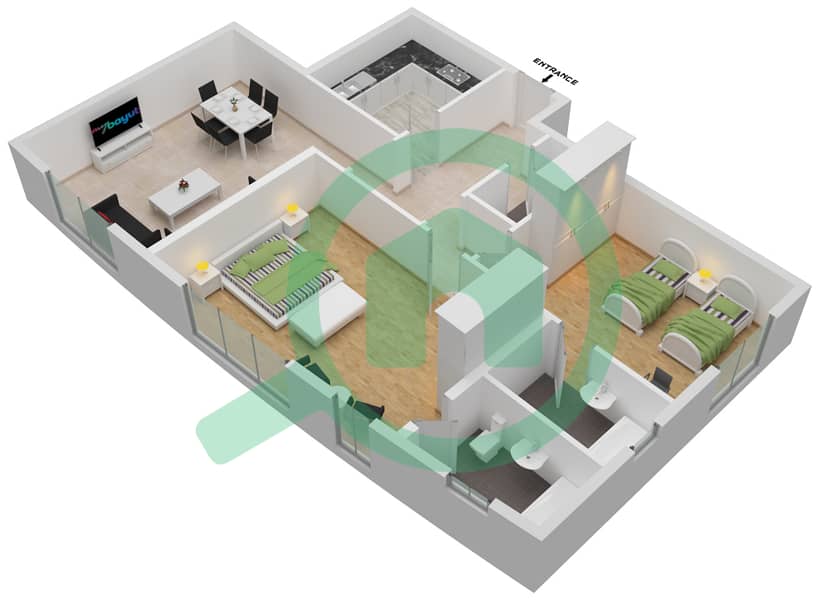 المخططات الطابقية لتصميم النموذج A شقة 2 غرفة نوم - برج روز Floor 35 interactive3D