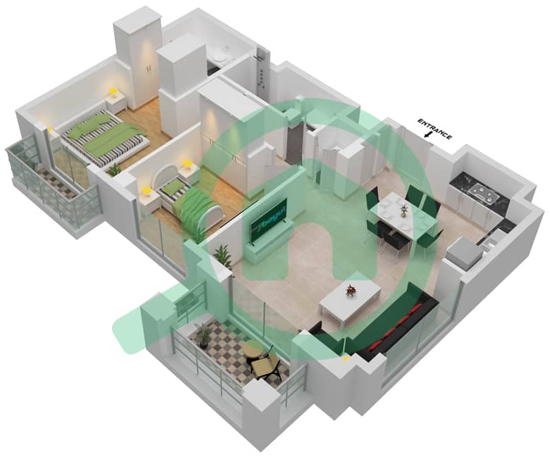 المخططات الطابقية لتصميم الوحدة 03 شقة 2 غرفة نوم - غروف في شاطئ الخور Level 05,06 interactive3D