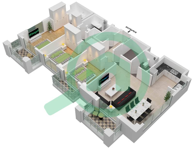 المخططات الطابقية لتصميم الوحدة 07 شقة 3 غرف نوم - غروف في شاطئ الخور Level 04,05 interactive3D