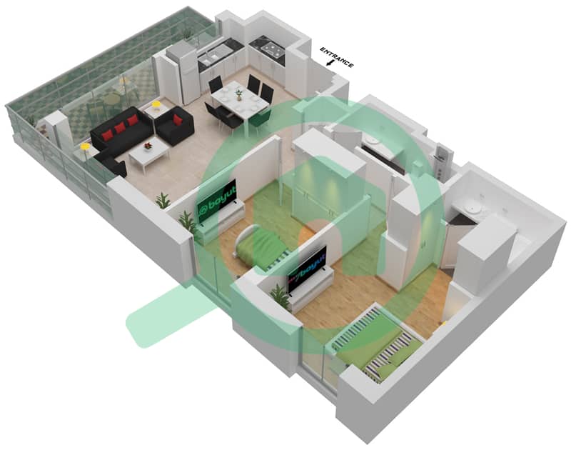 المخططات الطابقية لتصميم الوحدة 003 شقة 2 غرفة نوم - غروف في شاطئ الخور Level 02-06 interactive3D