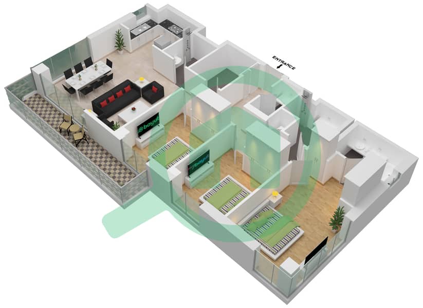 格罗夫公寓 - 3 卧室公寓单位07戶型图 Level 02-06 interactive3D