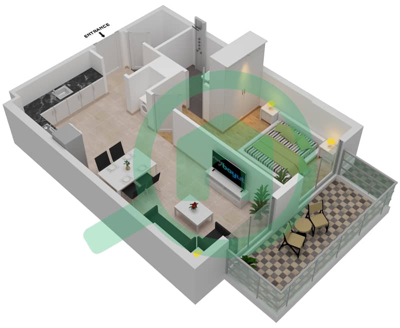 المخططات الطابقية لتصميم النموذج A شقة 1 غرفة نوم - بن غاطي ميراج interactive3D