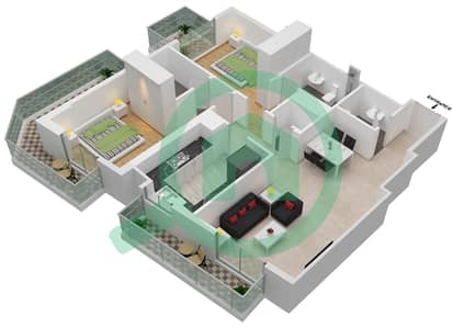 المخططات الطابقية لتصميم النموذج C شقة 2 غرفة نوم - بن غاطي ميراج