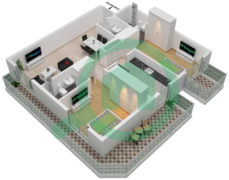 Здание Бингатти Мираж - Апартамент 2 Cпальни планировка Тип D interactive3D