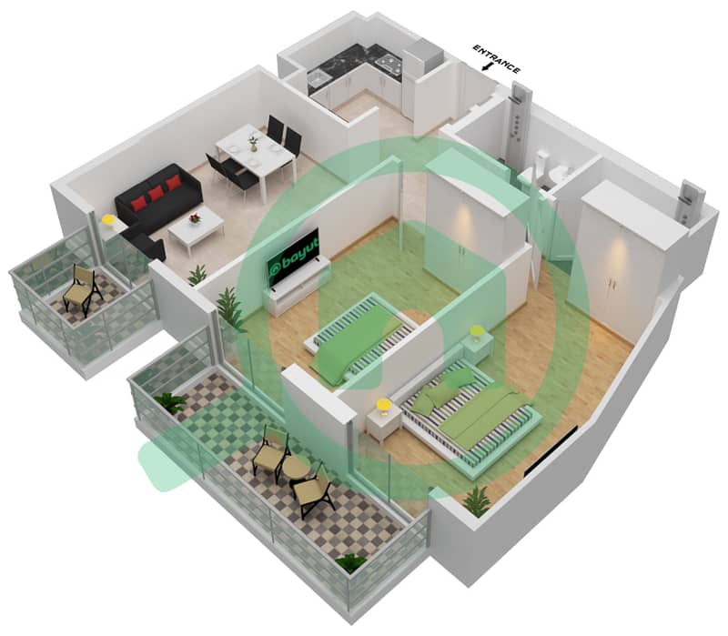 Здание Бингатти Мираж - Апартамент 2 Cпальни планировка Тип F interactive3D