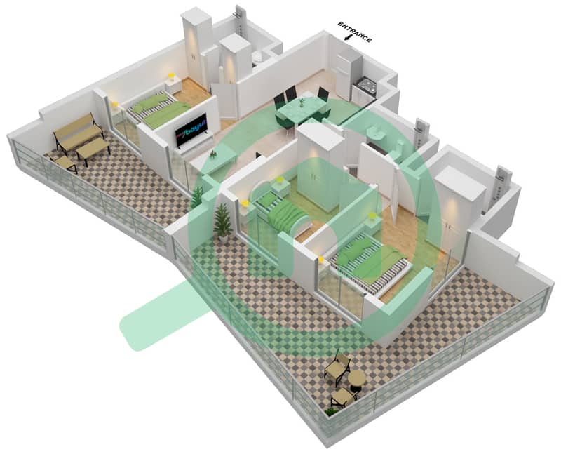 Binghatti Avenue - 3 Bedroom Apartment Type GRAND Floor plan interactive3D