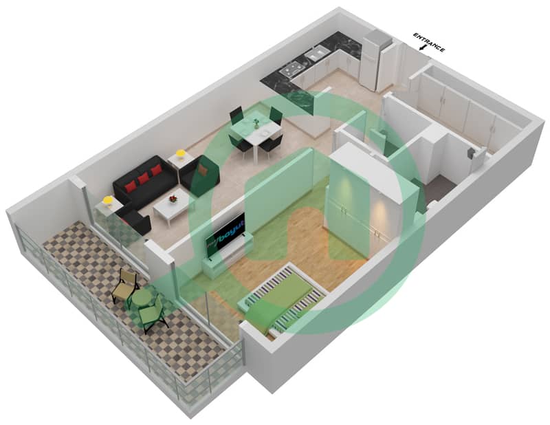 المخططات الطابقية لتصميم الوحدة 211-311-2ND-3RD شقة 1 غرفة نوم - مجمع أفانوس 2nd-3rd interactive3D