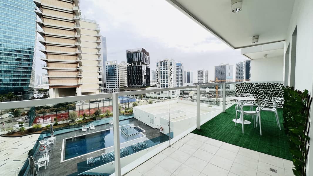 Luxurious Furnished 1-BR | Huge Balcony | Pool View | Low Floor | Business Bay
