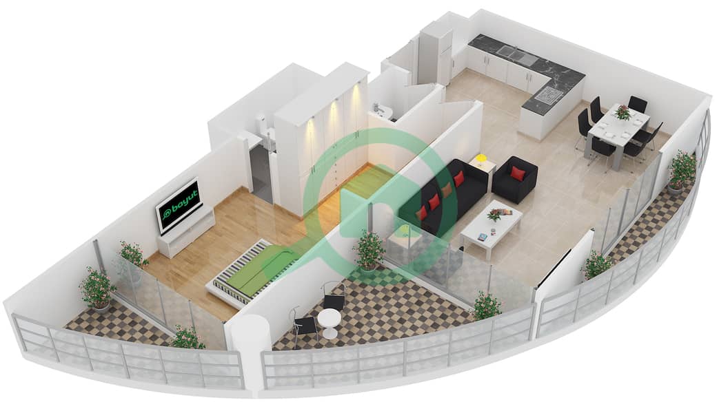 المخططات الطابقية لتصميم الوحدة 2  FLOOR 1 شقة 1 غرفة نوم - رويال باي من عزيزي interactive3D