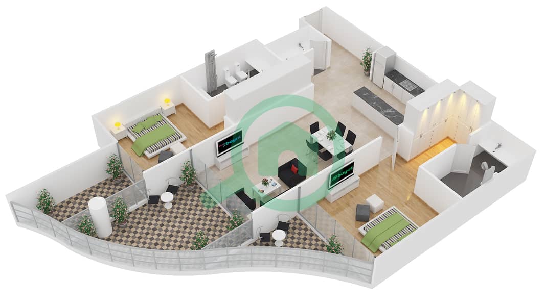 المخططات الطابقية لتصميم الوحدة 11 FLOOR 3,5,7 شقة 2 غرفة نوم - رويال باي من عزيزي interactive3D