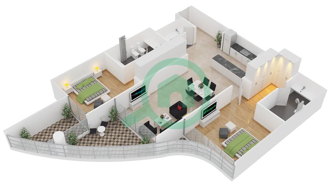 المخططات الطابقية لتصميم الوحدة 11 FLOOR 2,4,6,8 شقة 2 غرفة نوم - رويال باي من عزيزي interactive3D