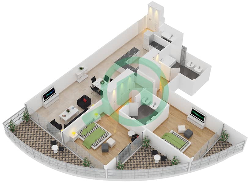 المخططات الطابقية لتصميم الوحدة 8 FLOOR 2,3,4,5,6,7,8 شقة 2 غرفة نوم - رويال باي من عزيزي Floor 2,3,4,5,6,7,8 interactive3D