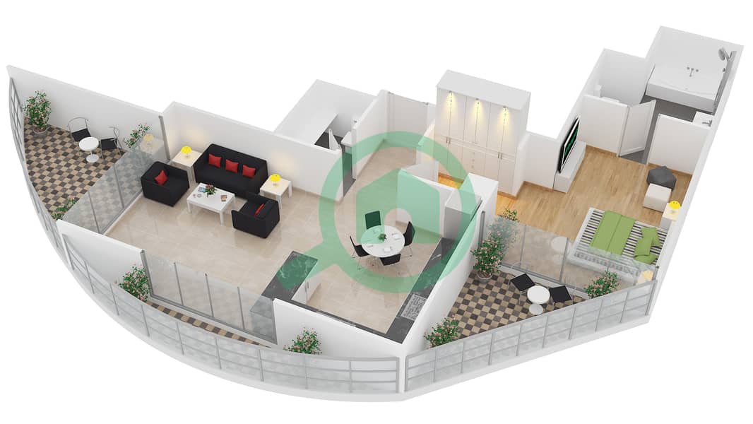 Royal Bay by Azizi - 1 Bedroom Apartment Unit 2  FLOOR 3,5,7 Floor plan interactive3D