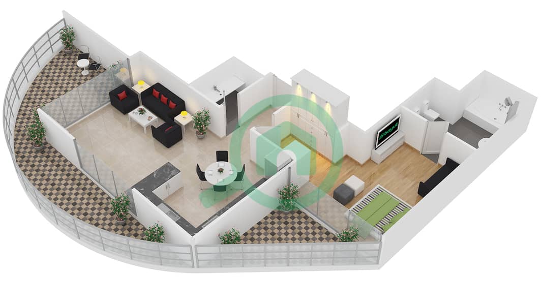 Royal Bay by Azizi - 1 Bedroom Apartment Unit 2  FLOOR 2,4,6,8 Floor plan interactive3D