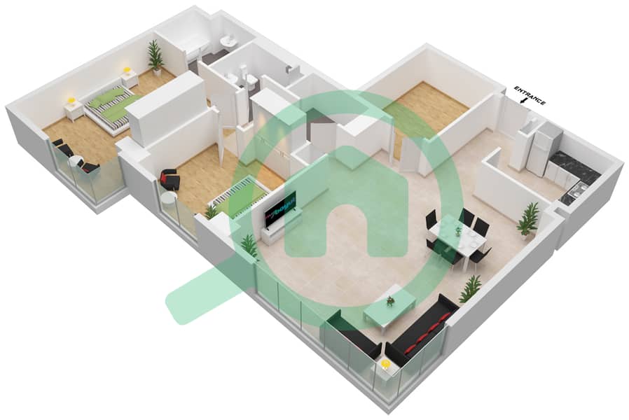 Al Anbar Tower - 2 Bedroom Apartment Type A Floor plan interactive3D