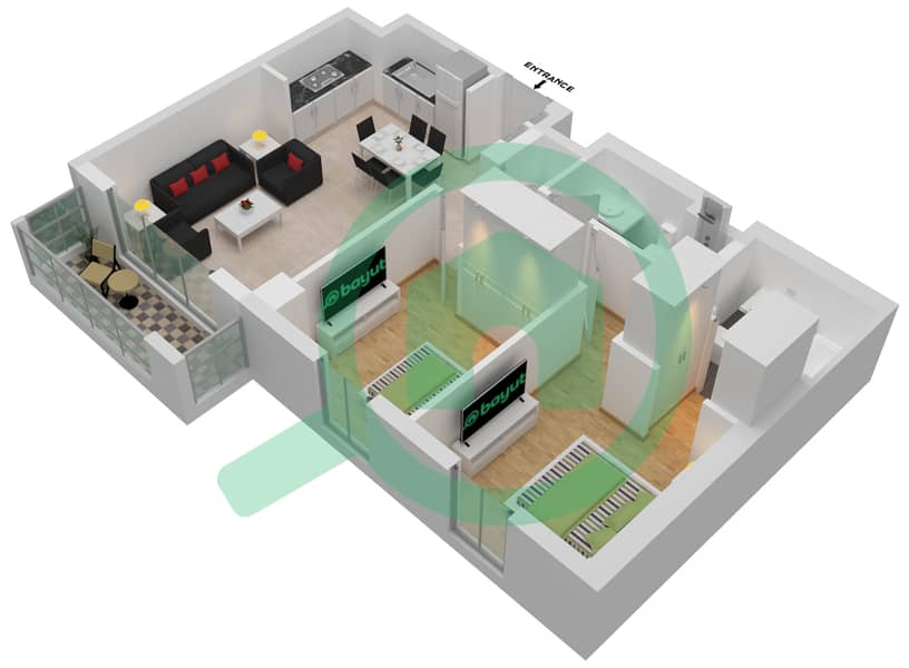 المخططات الطابقية لتصميم الوحدة 3 شقة 2 غرفة نوم - بايشور 4 interactive3D