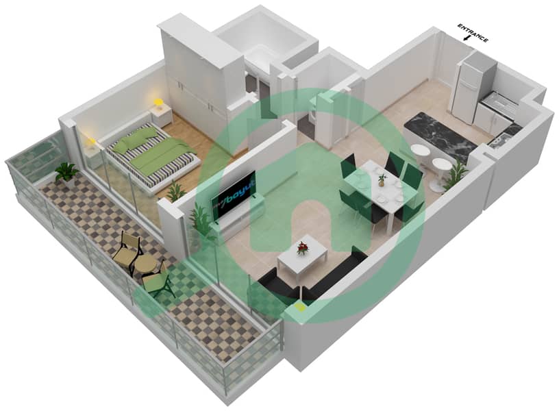 المخططات الطابقية لتصميم النموذج 1 BEDROOM TYPE 1 شقة 1 غرفة نوم - LOCIريزيدنسز interactive3D