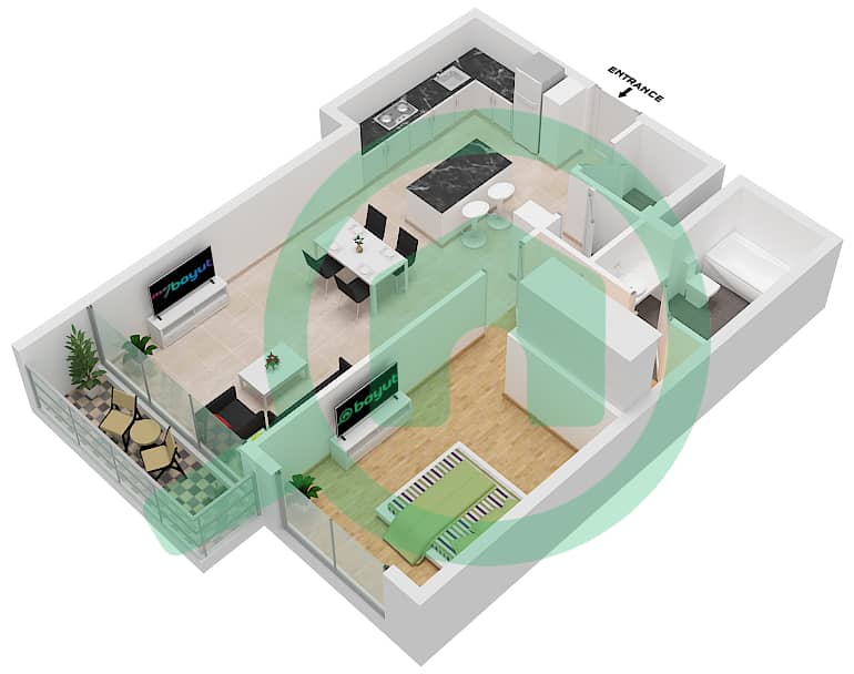 المخططات الطابقية لتصميم النموذج A1 شقة 1 غرفة نوم - كيو جاردنز بوتيك ريزيدنسيز interactive3D