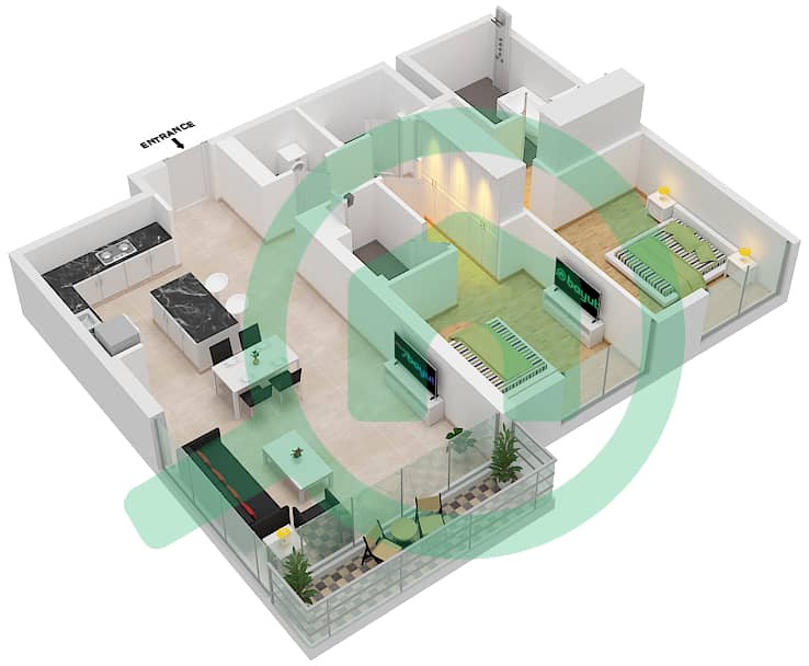 المخططات الطابقية لتصميم النموذج A شقة 2 غرفة نوم - كيو جاردنز بوتيك ريزيدنسيز interactive3D