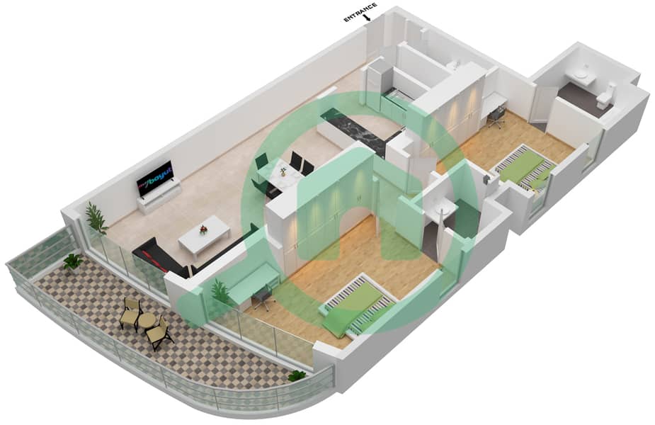 المخططات الطابقية لتصميم النموذج 2 BEDROOM TYPE 3 شقة 2 غرفة نوم - LOCIريزيدنسز interactive3D