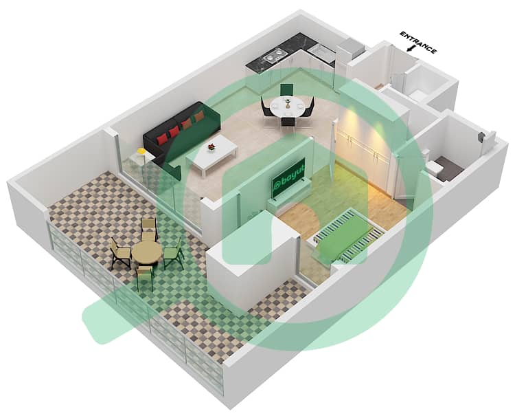 المخططات الطابقية لتصميم النموذج A1 شقة 1 غرفة نوم - ذا بيناكل interactive3D