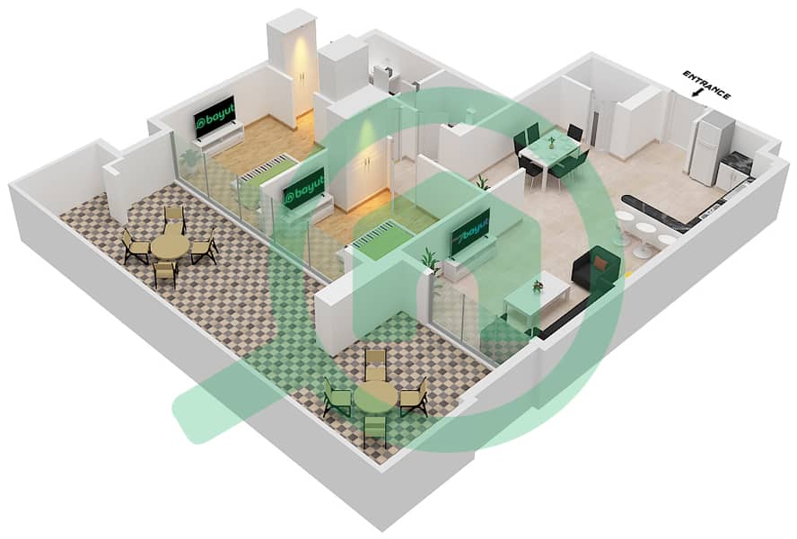 巅峰之作公寓 - 2 卧室公寓类型2F戶型图 interactive3D