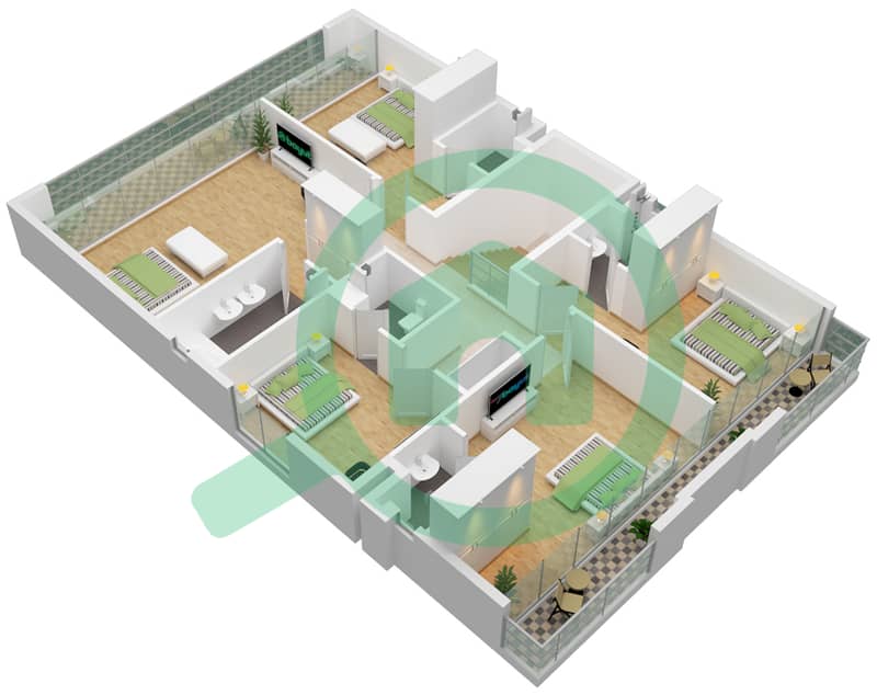 المخططات الطابقية لتصميم النموذج B فیلا 6 غرف نوم - ايستيرن ريزيدنس First Floor interactive3D