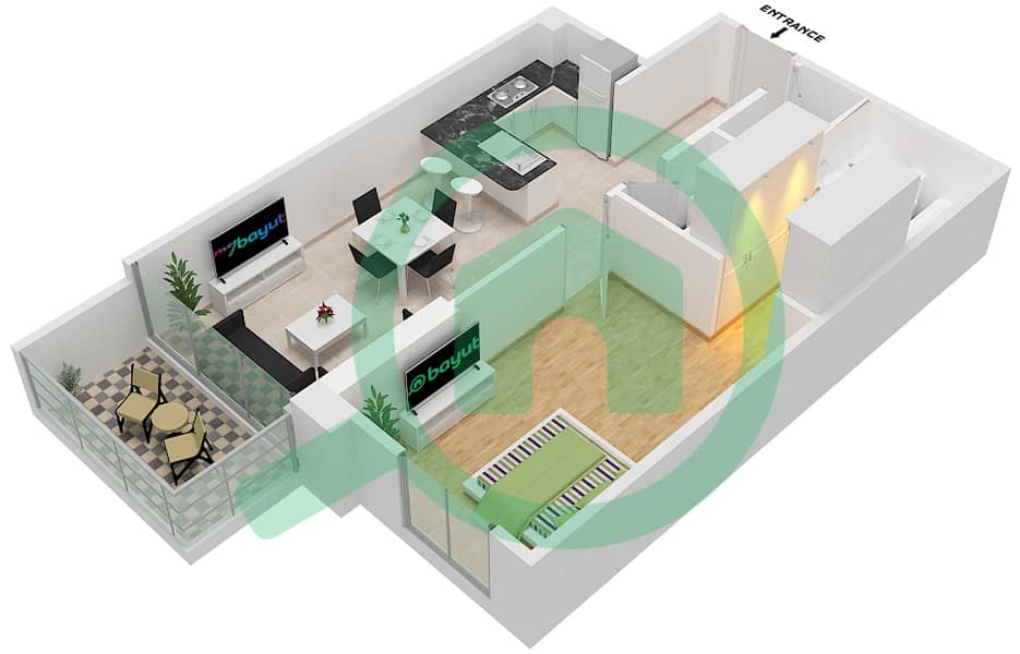 المخططات الطابقية لتصميم الوحدة 609 شقة 1 غرفة نوم - مساكن ديزاير Floor 2-9 interactive3D